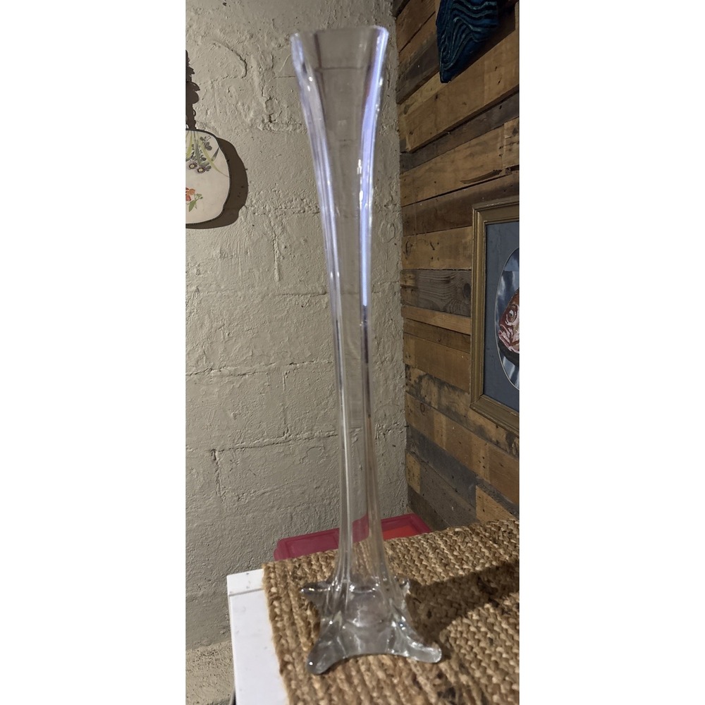 Vintage 20" Eiffel Tower Clear Glass Vase, Some Imperfections Around Top Edging
